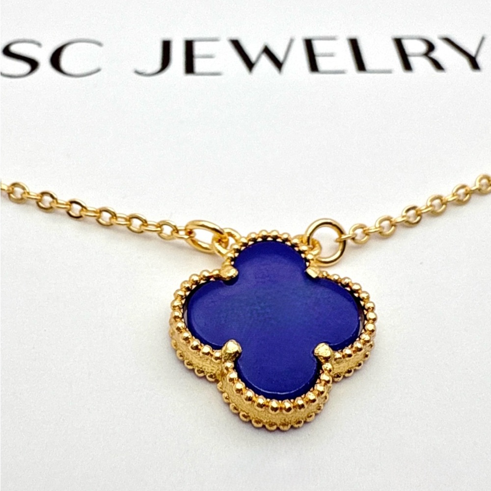 Last 1 🔥 Royal Blue Clover Necklace 14k Gold Tone Double Sided - Picture 9 of 13